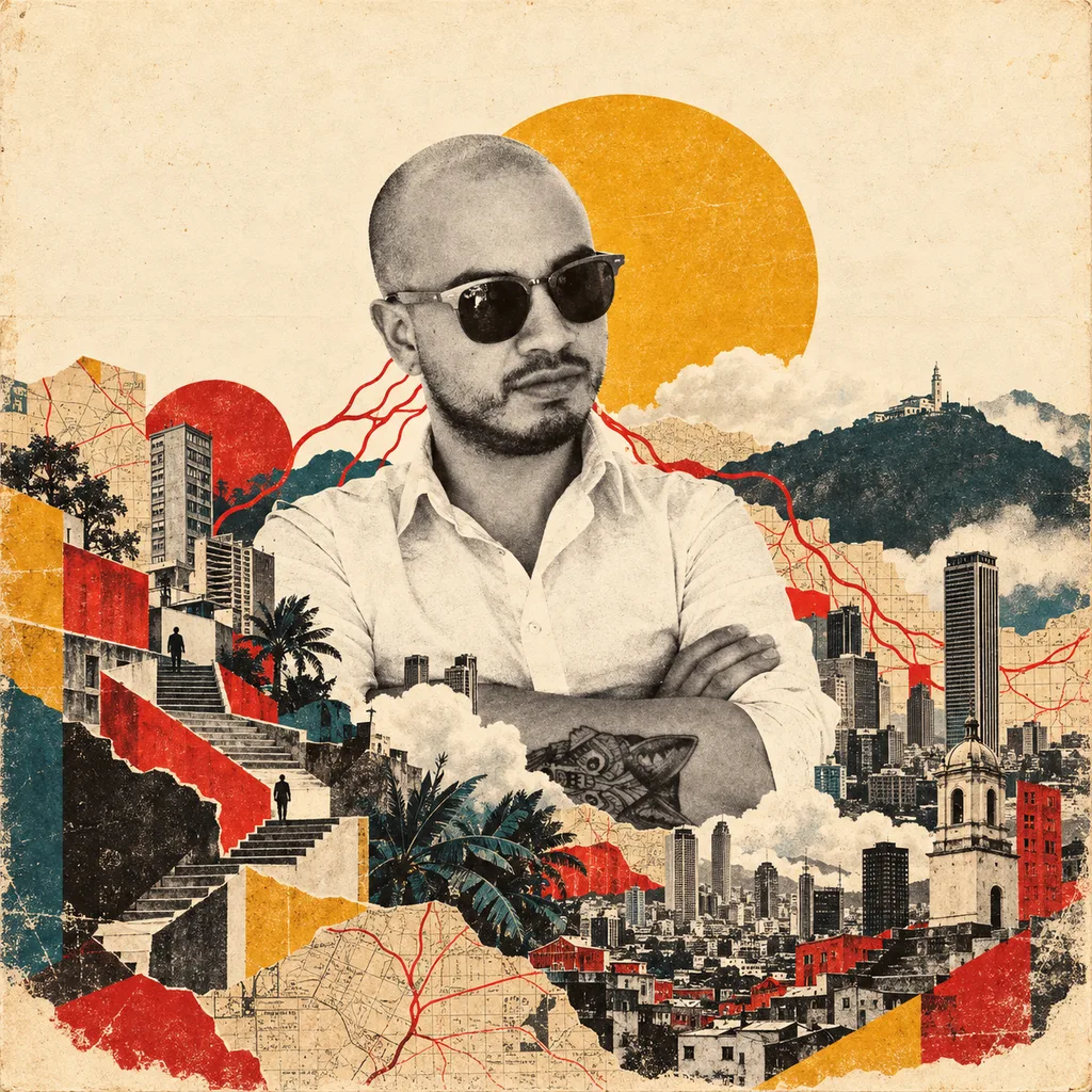 Collage original de Roger Murillo entre mapas, escaleras y una ciudad: una metáfora de estrategia y creatividad.